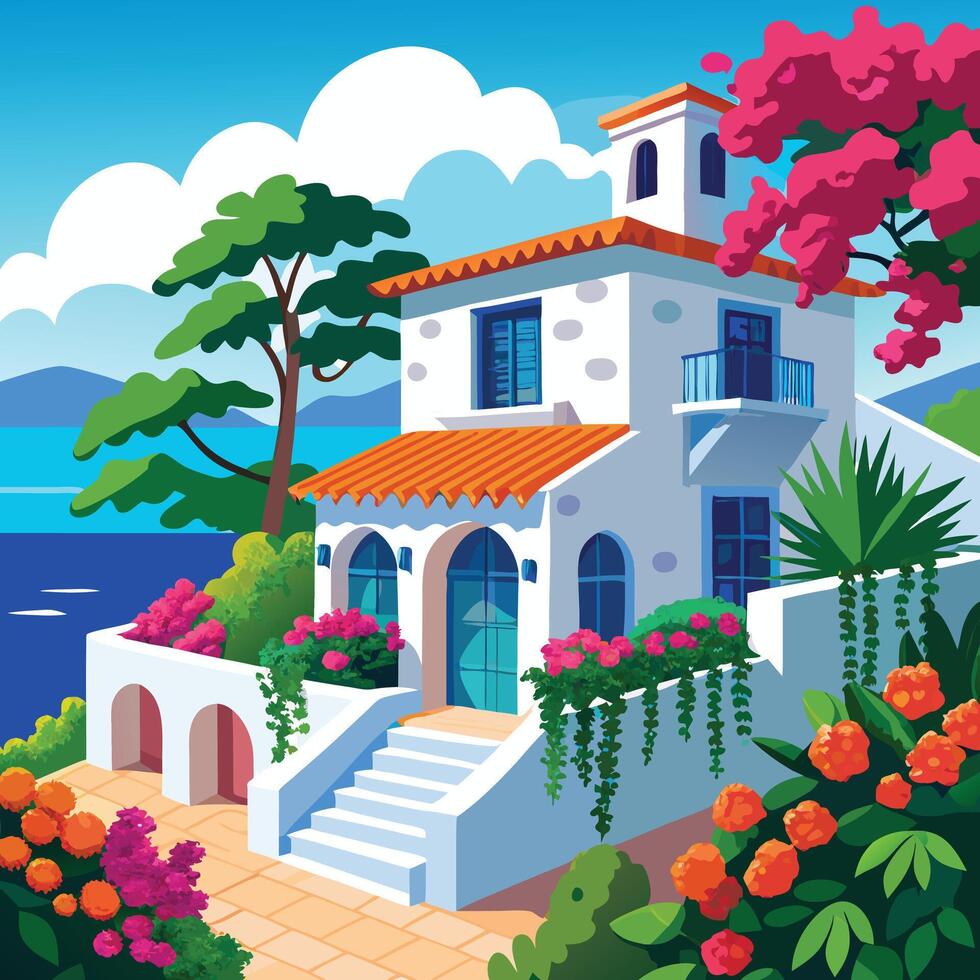 illustration of a house on the coast with flowers and trees vector