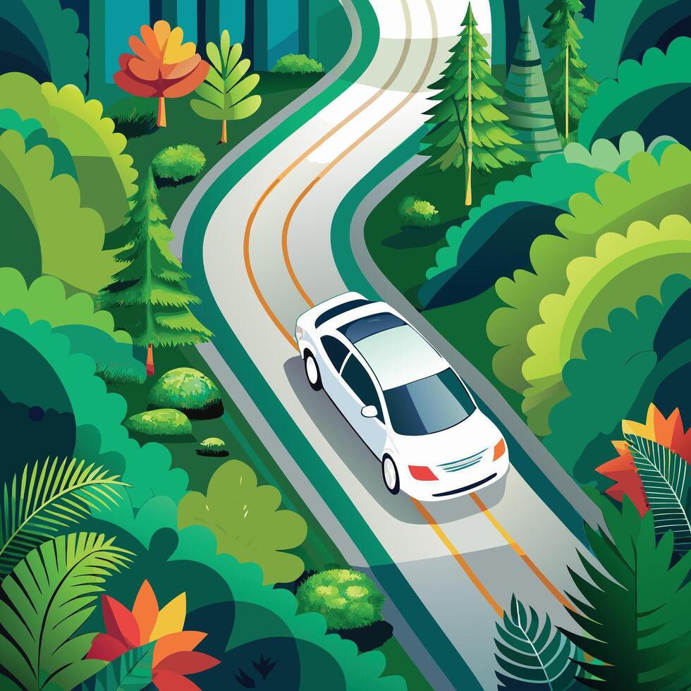 car driving on a winding road through the forest vector