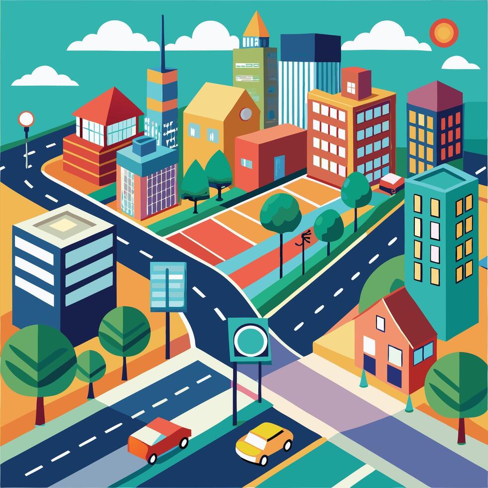 an illustration of a city with buildings and cars vector