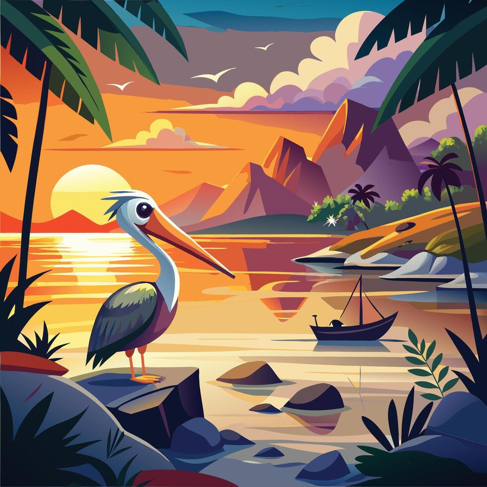 a pelican is standing on the beach at sunset vector