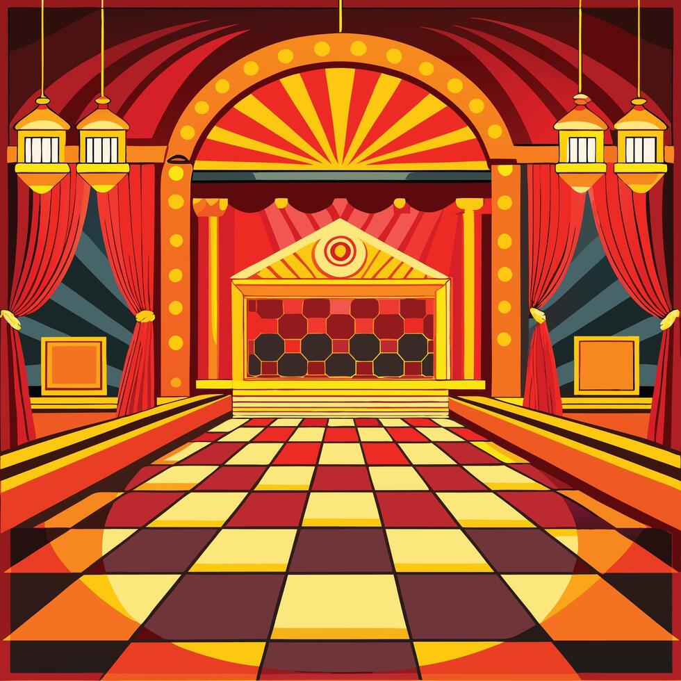 an illustration of a circus stage with red curtains and a checkered floor vector