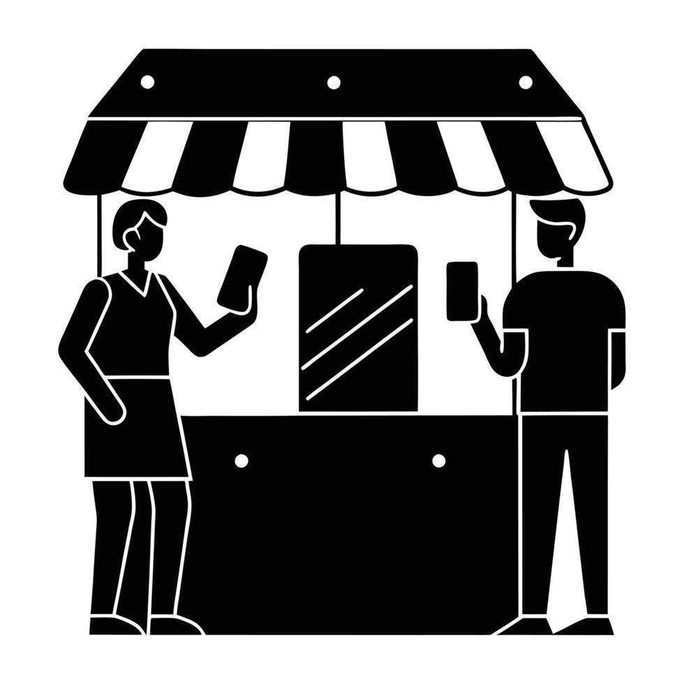 a black and white illustration of a man and woman standing in front of a mobile phone shop vector