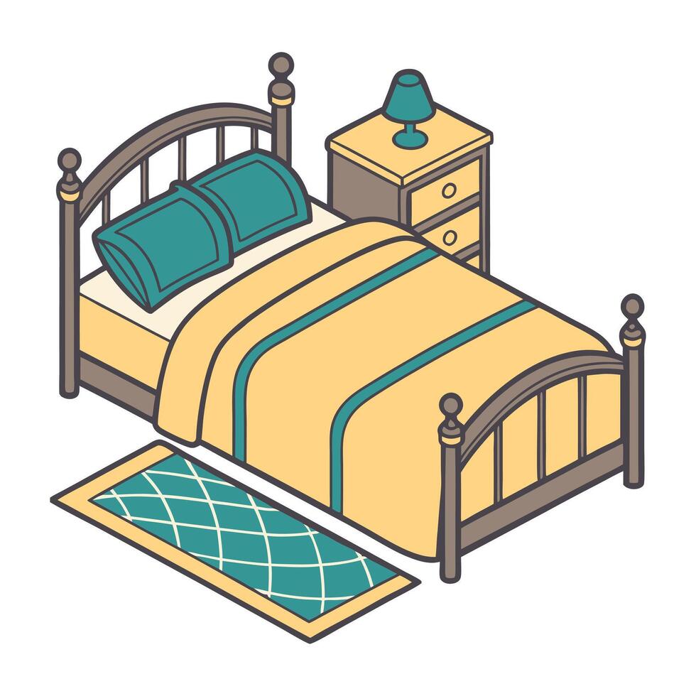 a bed with a green blanket and a lamp vector