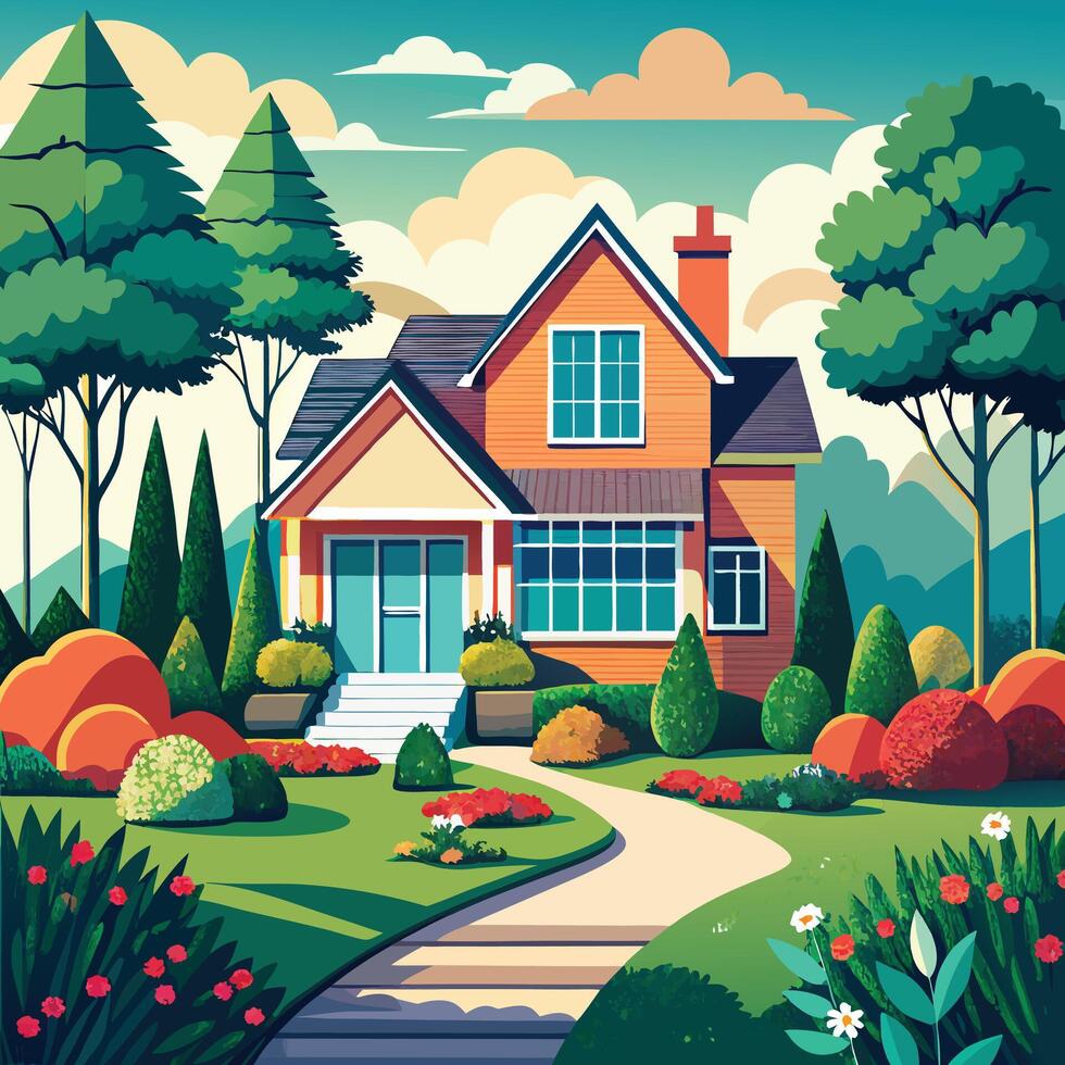 an illustration of a house in the garden vector