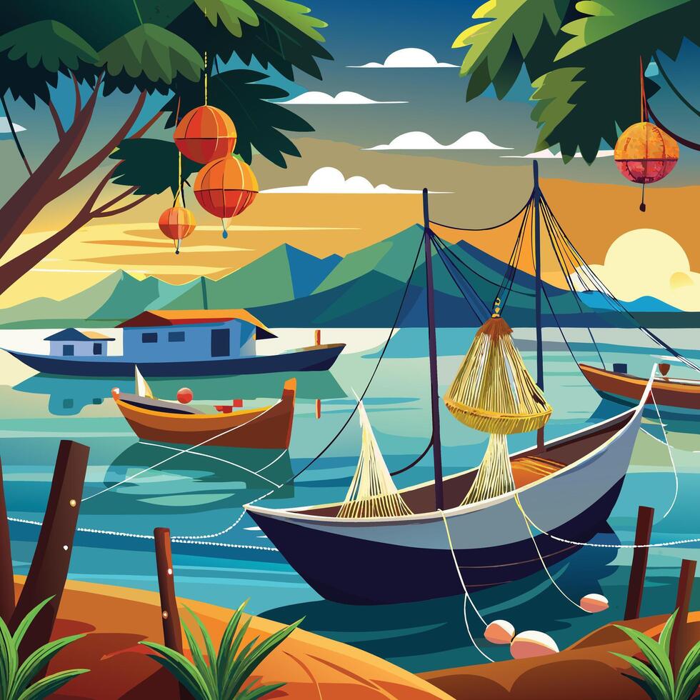 a painting of boats in the ocean with trees and mountains vector