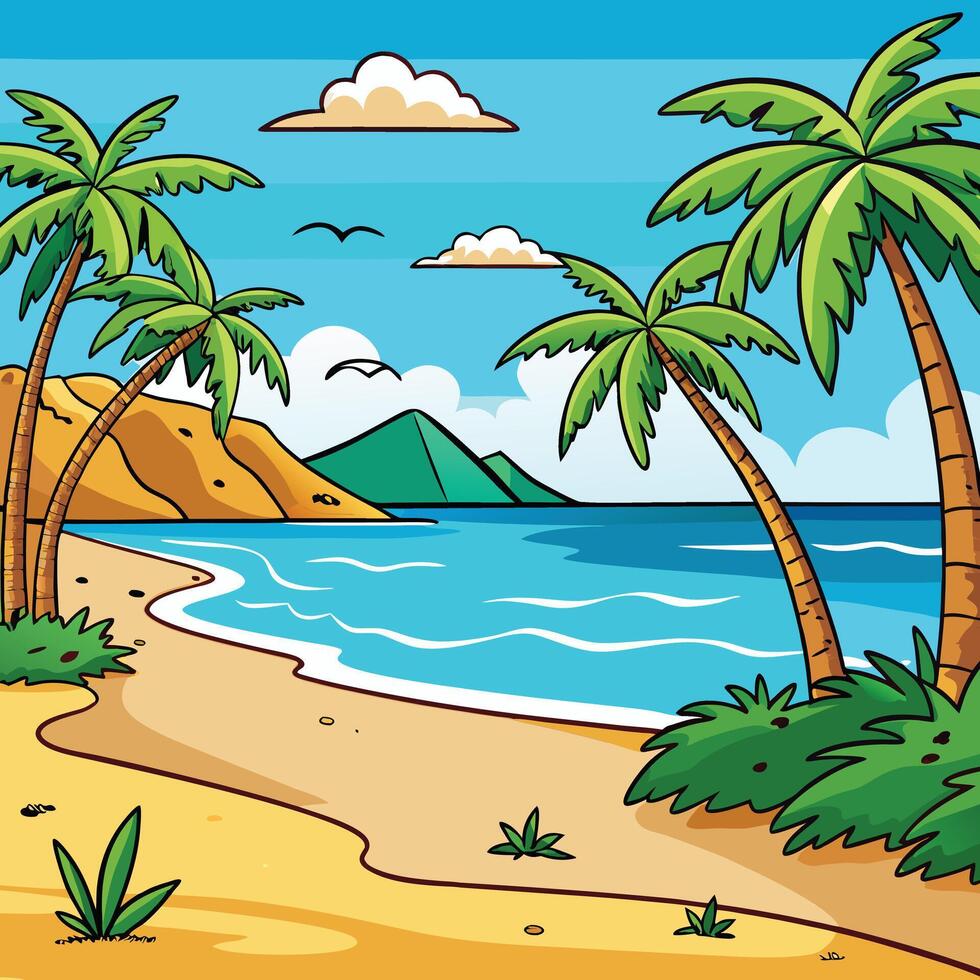 tropical beach with palm trees and sea. vector