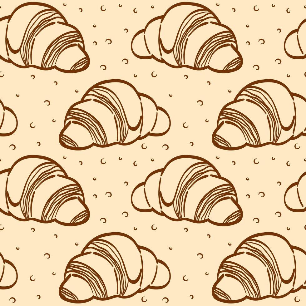 Hand drawn French Croissant doodles pastry. Sweet bakery seamless pattern for wrapping paper, package print, cafe and bakery shop. Background for design menu. vector