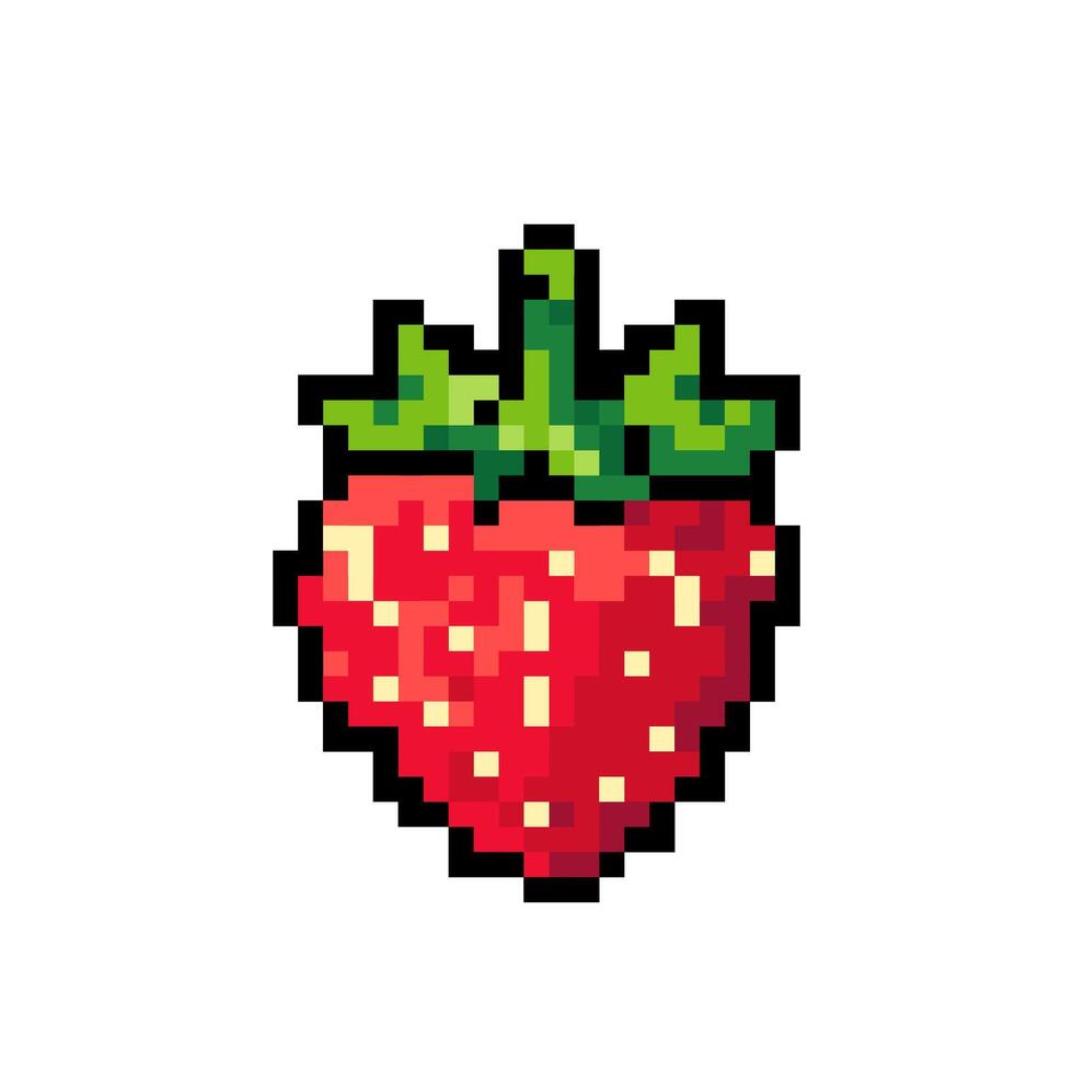 Pixelated icon strawberry. Ripe red strawberry on a white background. 8 bit strawberry sign. Arcade game symbol. Strawberry game icon. vector