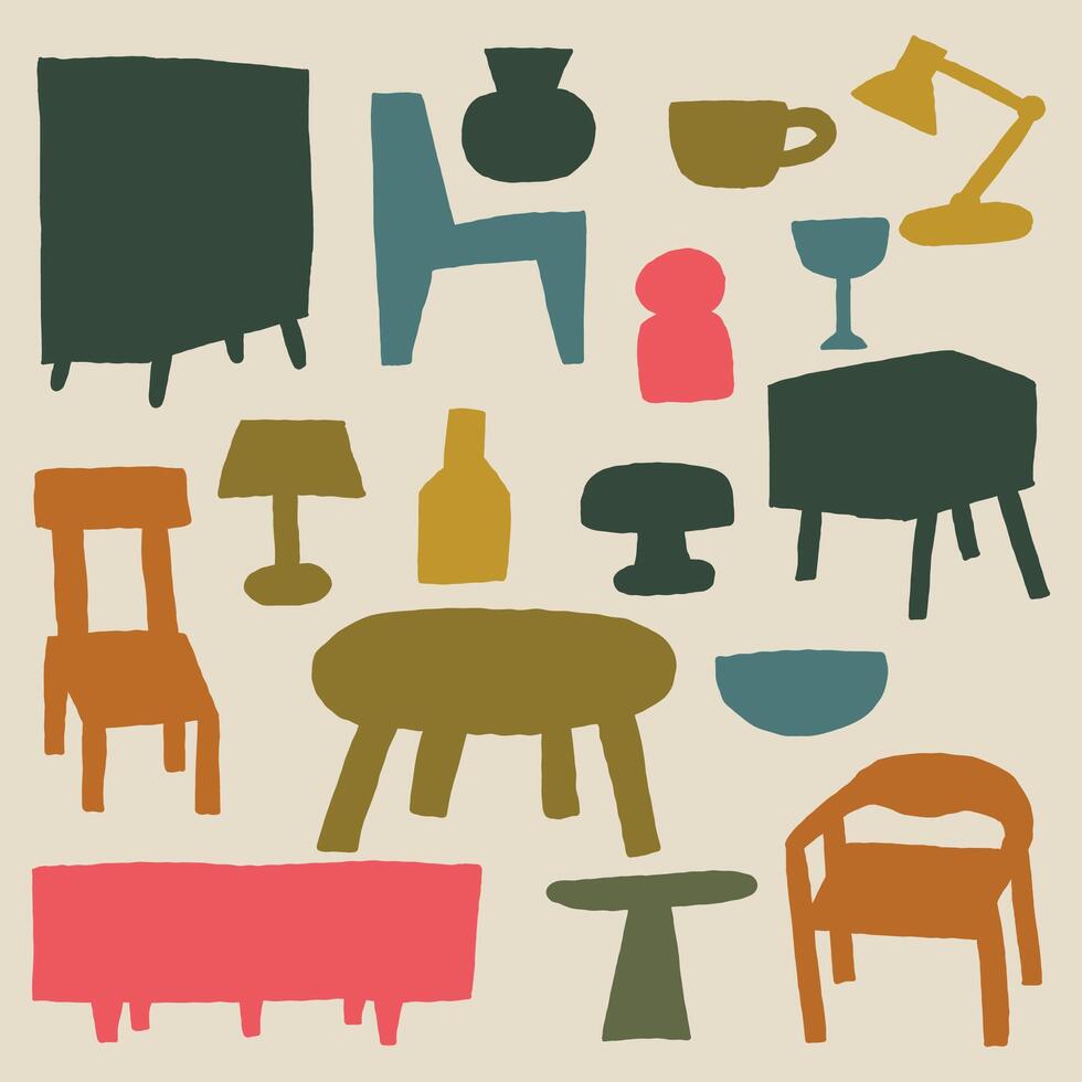 hand drawn furniture abstract colorful illustration vector