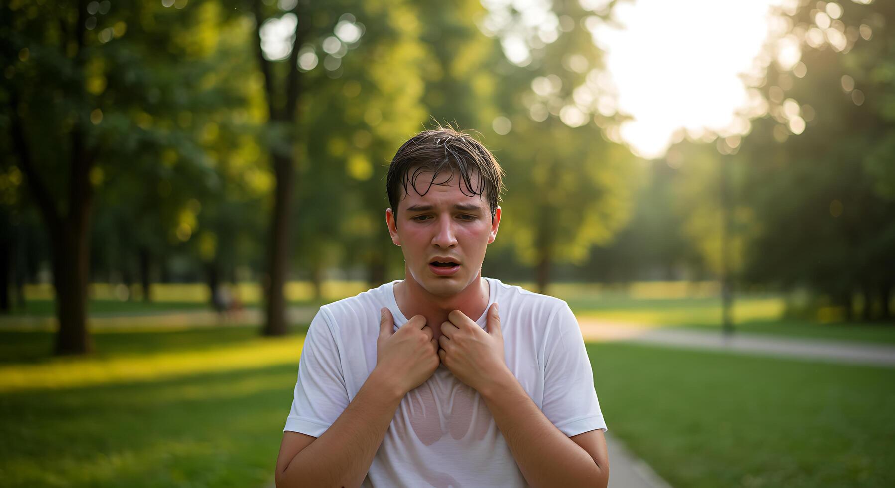 Exhausted Young Man in Summer Park A Candid Portrait photo