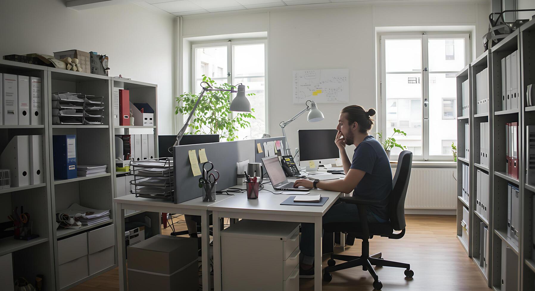 Focused Man Working at Modern Minimalist Office Desk photo