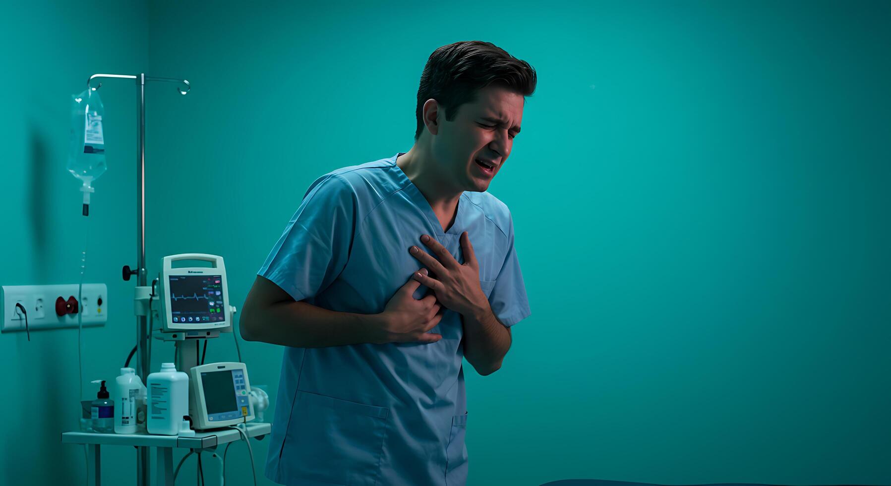 Man in Medical Scrubs Experiencing Chest Pain Dramatic Teal Studio Shot photo
