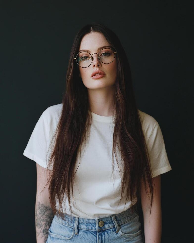 Trendy woman with glasses and long dark hair, casual fashion portrait photo