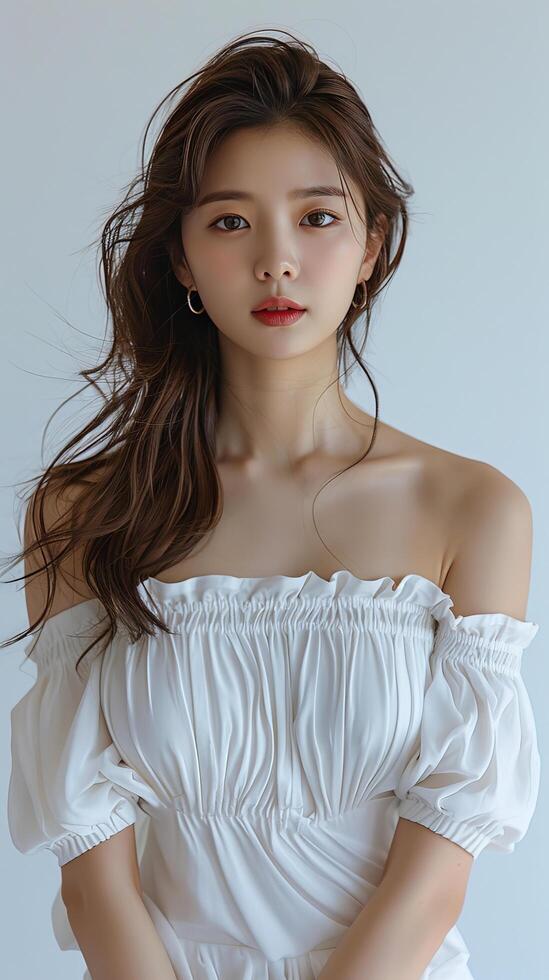 Elegant young woman in an off the shoulder white dress against a neutral background photo