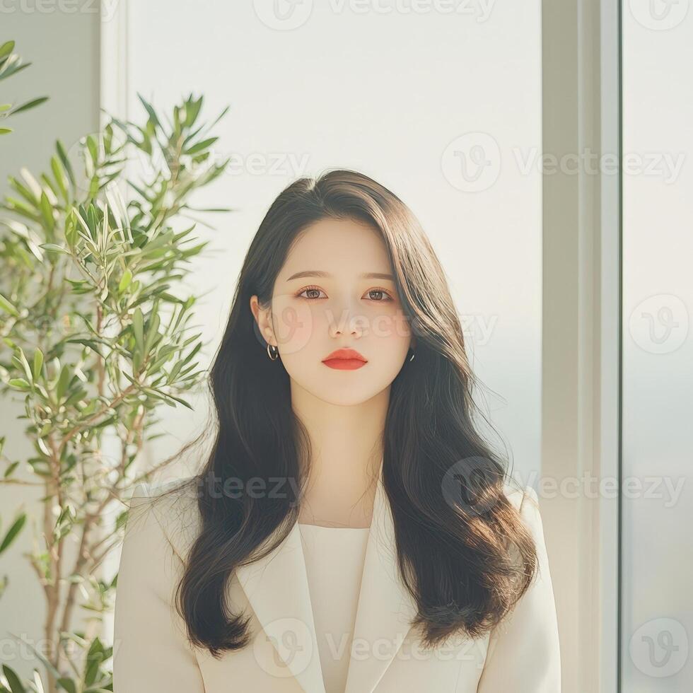 portrait of a young woman in a bright white blazer, framed by green plants near a large window photo