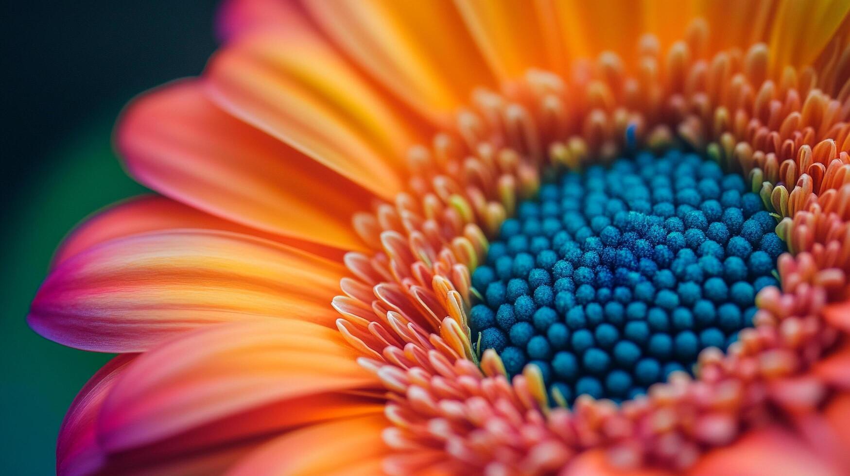Up-close vibrant flower showcases detailed petals in orange and pink hues, contrasted by a striking blue center, set against green background. photo