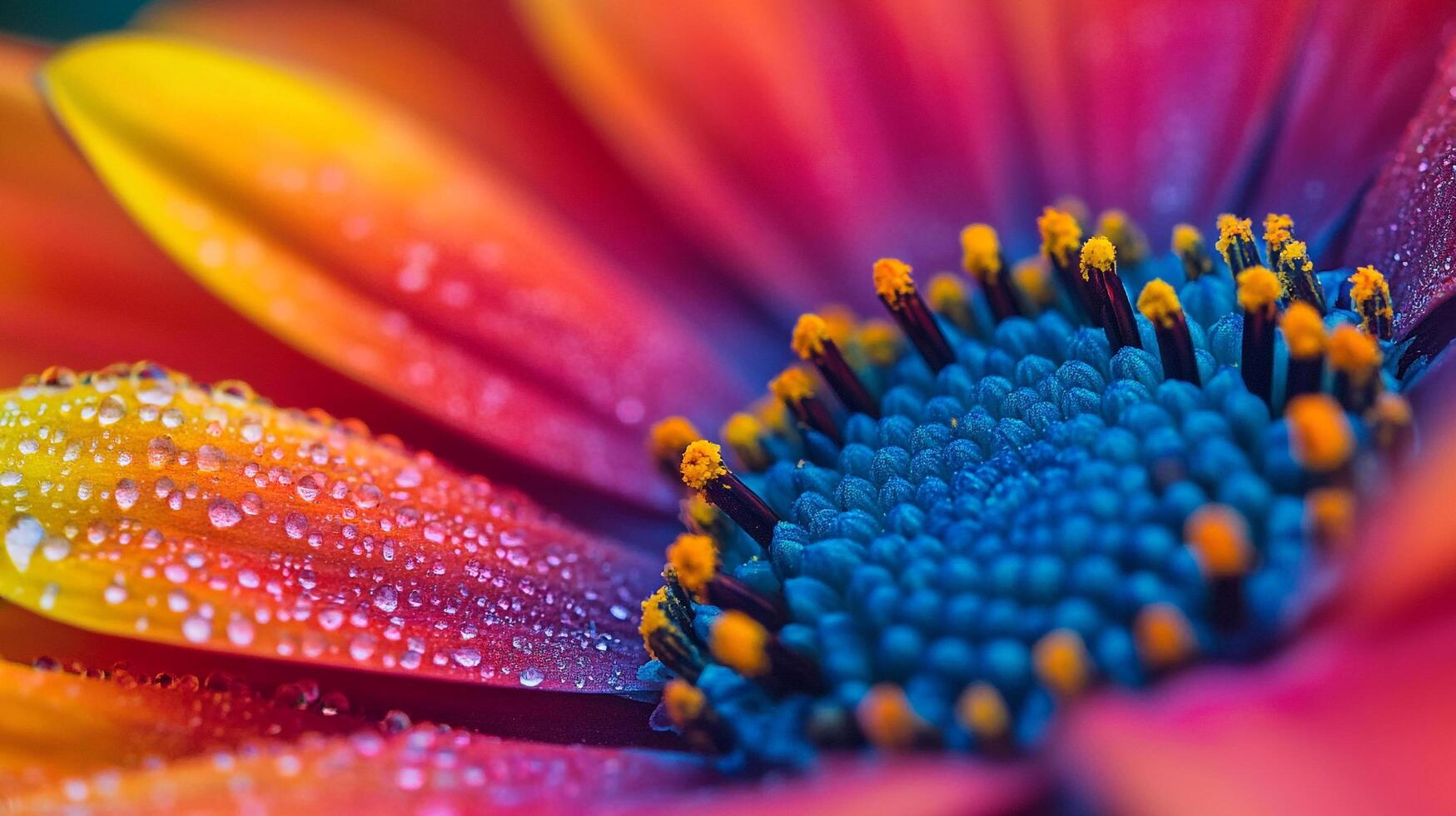 Vibrant flower close-up showcasing a spectrum of colors, water droplets, and intricate stamen details in sharp, vivid focus. photo