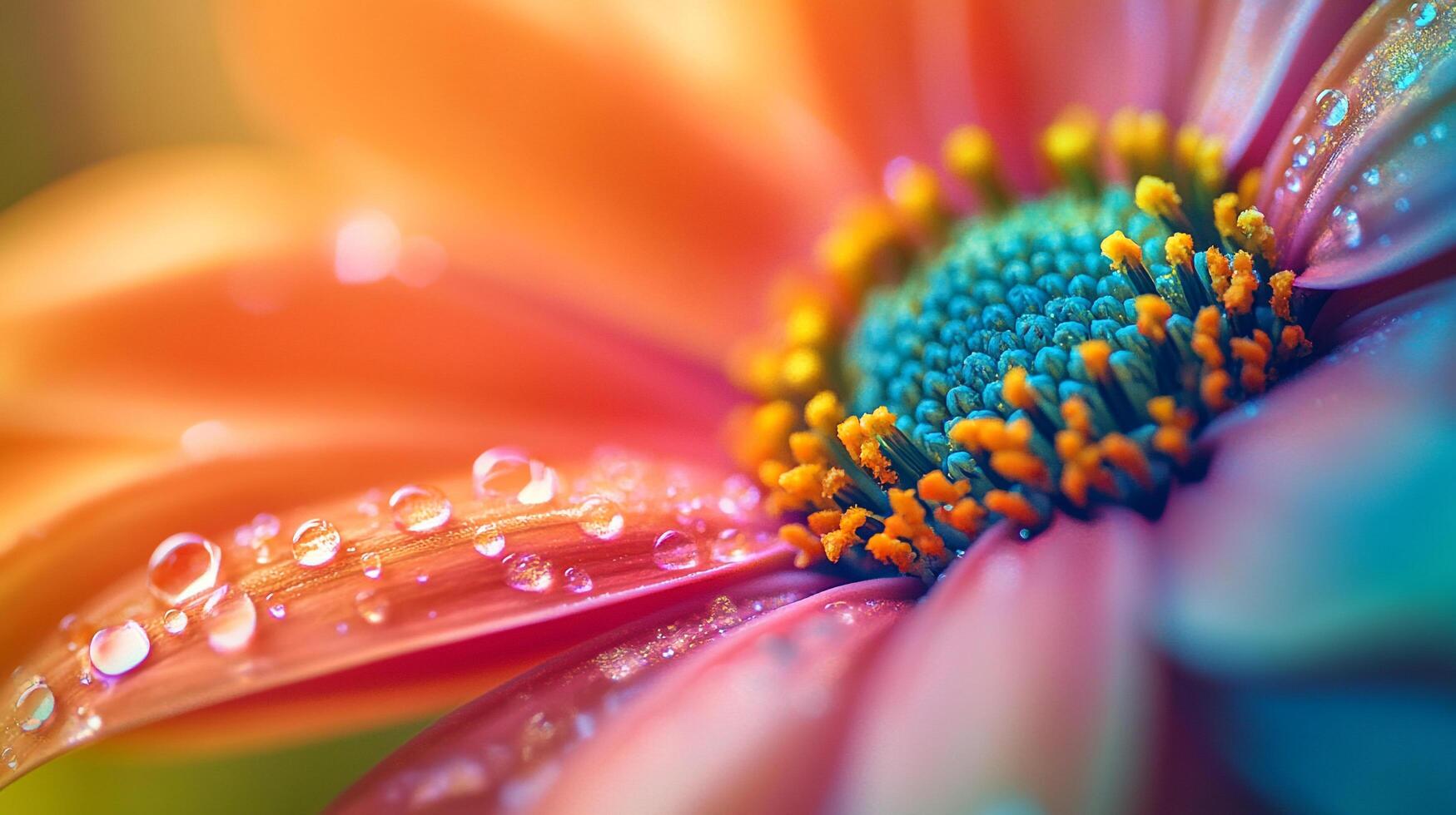 Dew-kissed petals unfurl, vibrant hues blending seamlessly. Macro shot reveals intricate beauty, nature's delicate artistry. photo