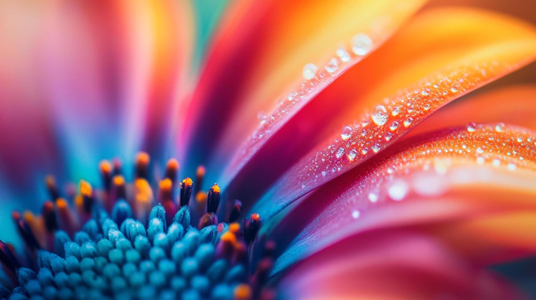 Macro shot of vibrant flower petals showcasing dew drops, focusing on the colorful textures and natural beauty in a garden or park setting. photo