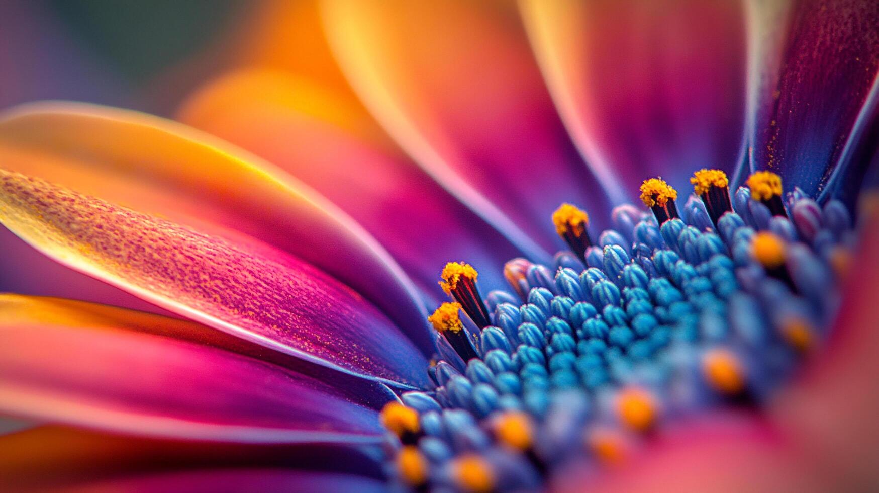 Close up of a colorful flower with orange, pink, purple and blue petals and a center full of yellow stamen details, macro photography photo