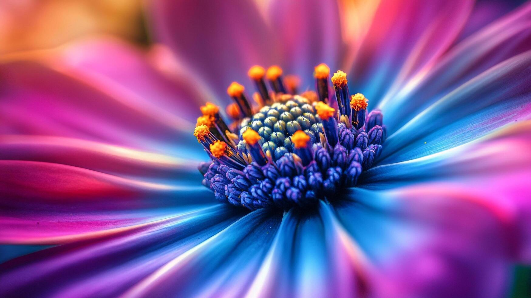 A vibrant flower with layered petals of blue, pink, and purple radiates from a detailed center with orange tipped stamens and pollen. photo