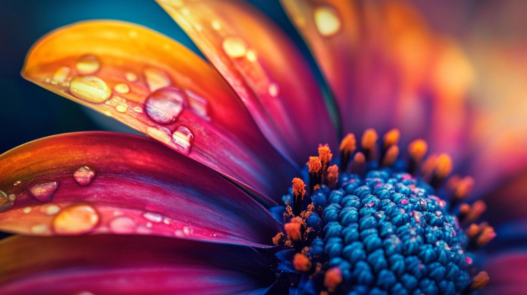 A vibrant flower with petals transitioning from yellow to orange, pink, and purple, adorned with water droplets and a blue center. photo
