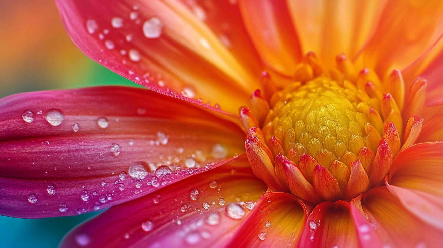 Vibrant flower petals display a stunning gradient of colors, adorned with delicate water droplets that shimmer in the light. photo