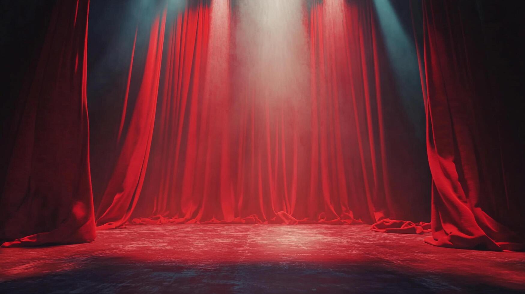 Dramatic red stage curtain bathed in spotlights, evoking theater, performance, and anticipation. A scene ready for storytelling. photo