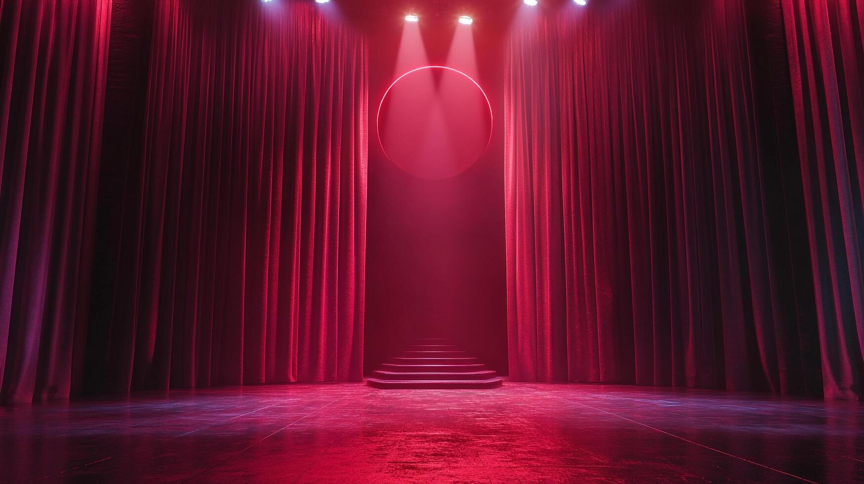 An empty stage bathed in red light, framed by heavy curtains, suggests anticipation and a moment before the performance. The stage is ready. photo