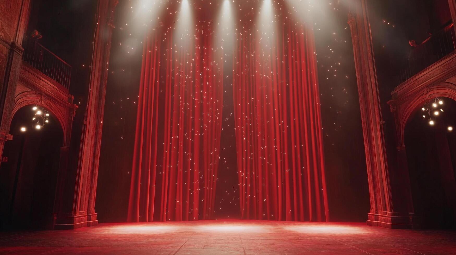 An opulent theater stage bathed in warm, soft light with plush red curtains creating a sense of anticipation and dramatic flair. photo