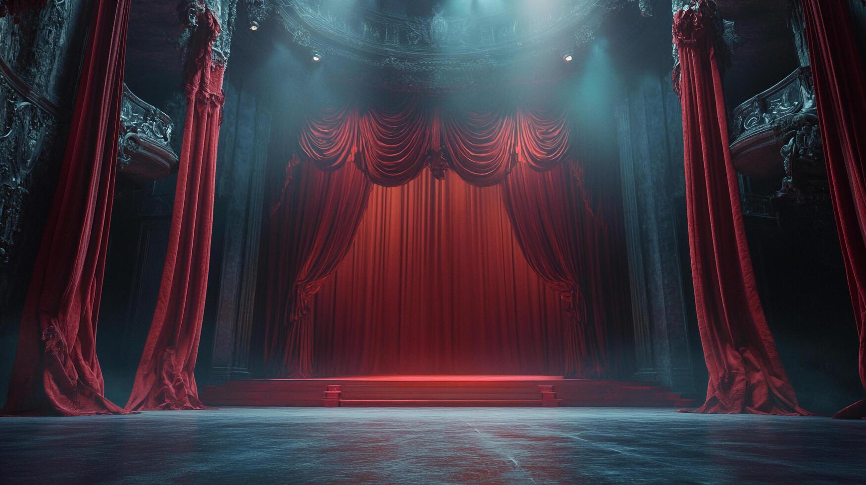 A grand theater stage bathed in atmospheric lighting, featuring rich red velvet curtains and ornate architectural details exudes drama and anticipation. photo