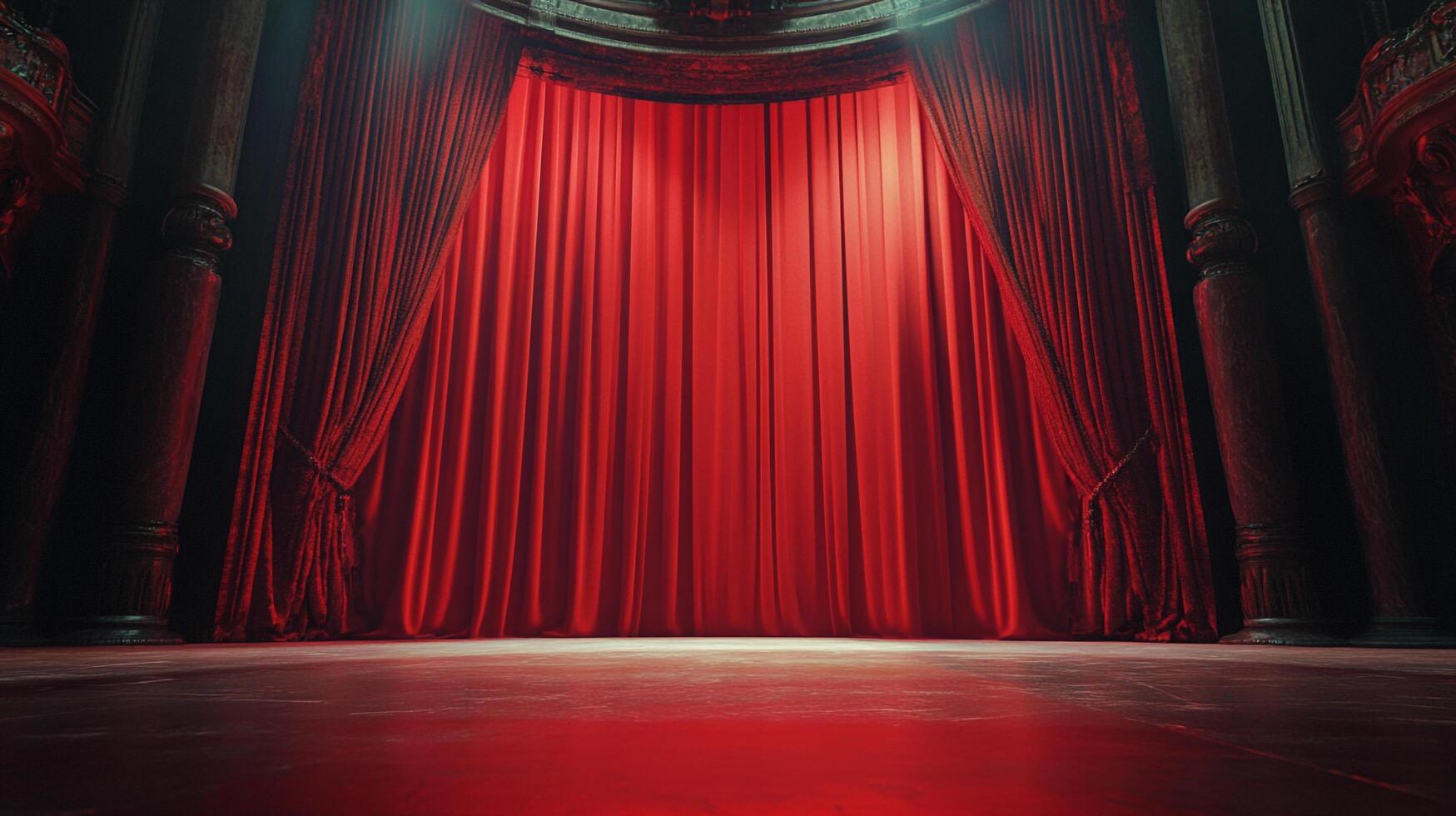 A theatrical stage with majestic red curtains, dramatically lit for a performance, promising an engaging spectacle of arts and entertainment. photo