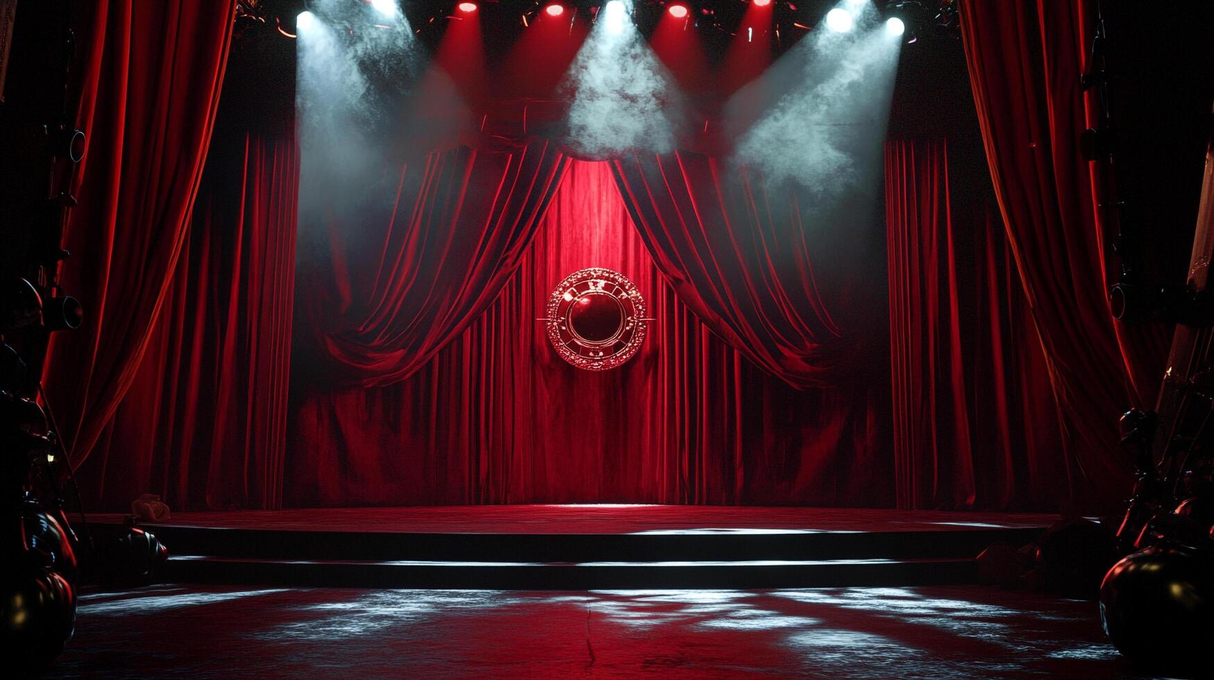 Opulent stage with velvet curtains, spotlights casting dramatic shadows, and an ornate circular ornament adding a touch of mystery. photo