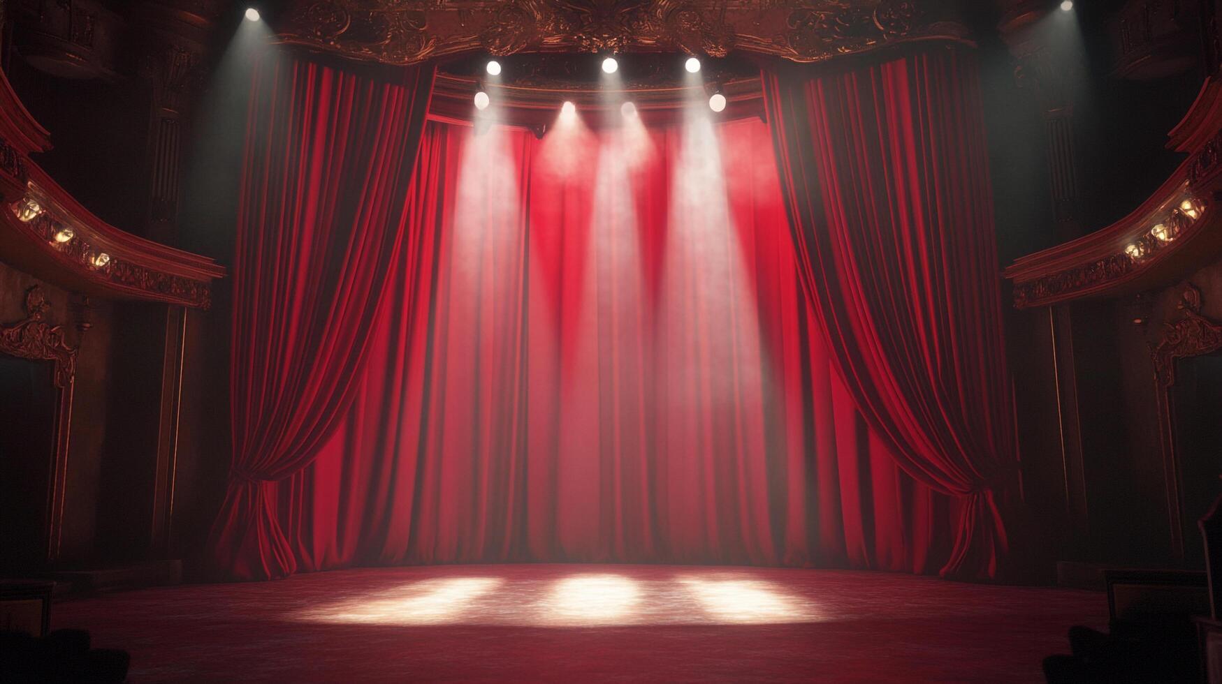 Empty theater stage with red curtains under spotlights, evoking drama and performance. Ready for the next act. photo