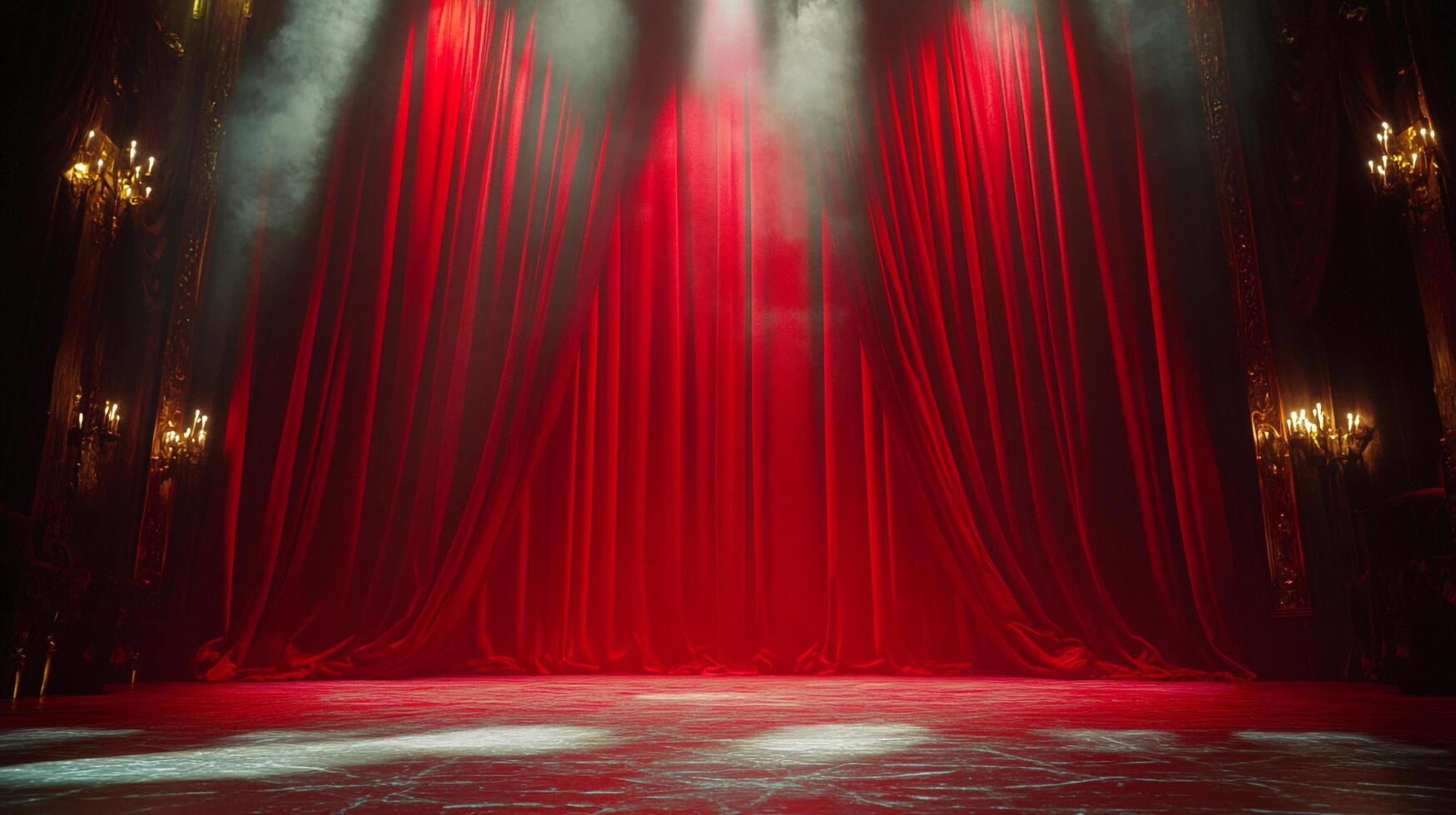 Opulent stage with striking red curtains illuminated by spotlights and ornate chandeliers evokes a sense of drama and anticipation. photo