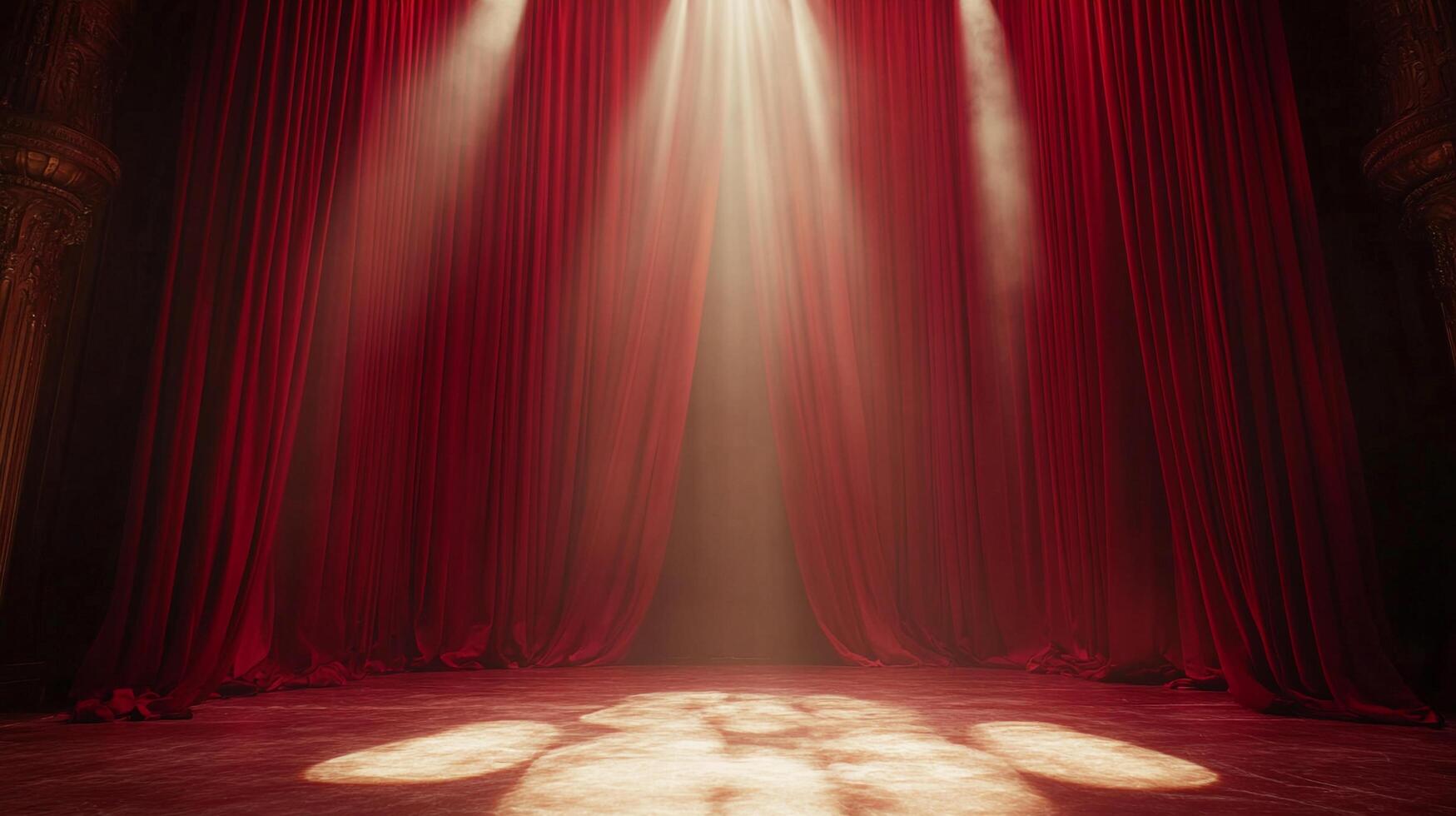 Dramatic stage with red curtains and spotlight. Theatrical atmosphere invites viewers into a world of performance and spectacle. photo