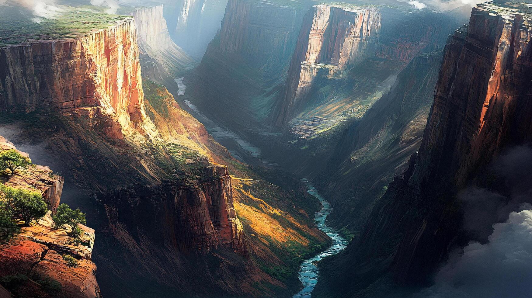 Magnificent canyon with towering rock formations and a flowing river, captured from a high-angle perspective. Natural beauty abounds. photo