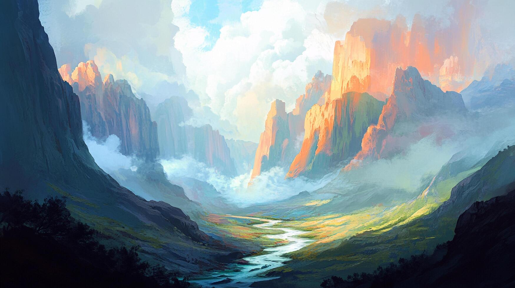 Scenic valley landscape with towering cliffs, misty atmosphere, and a winding river creating a captivating outdoor panorama. photo