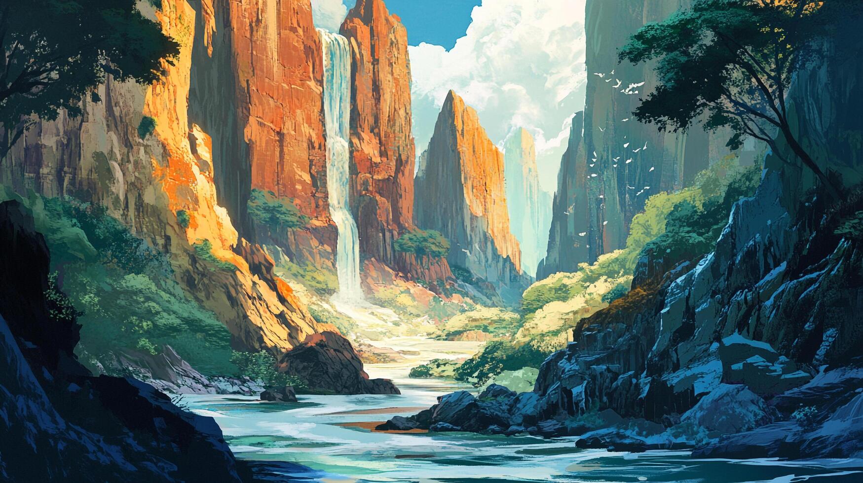 Majestic canyon landscape with towering cliffs, a cascading waterfall, and a river flowing through lush greenery, capturing nature's splendor. photo