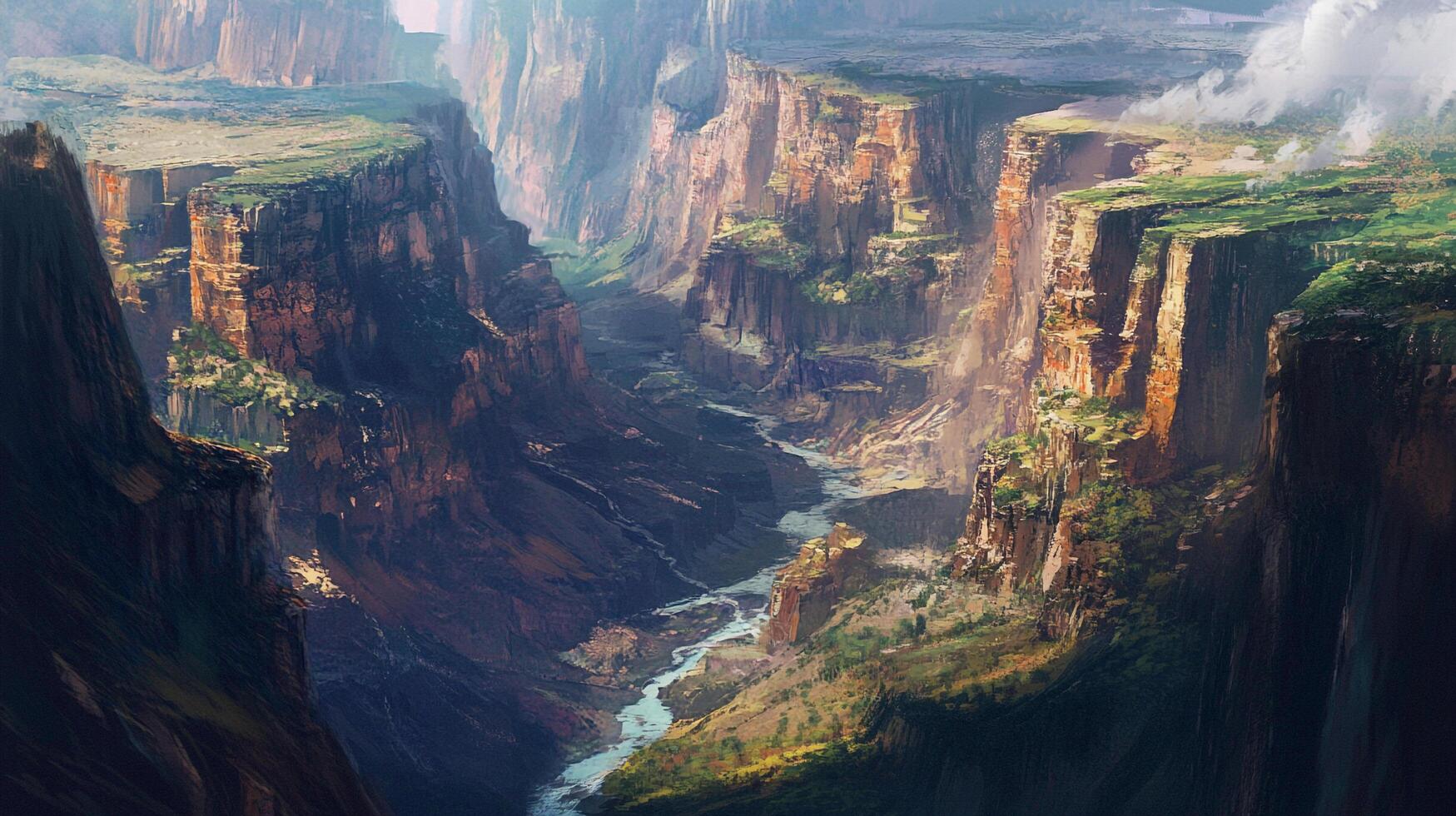 An expansive canyon carved by the flow of a river, the rugged landscape shows weathering and growth on the steep cliffs. photo