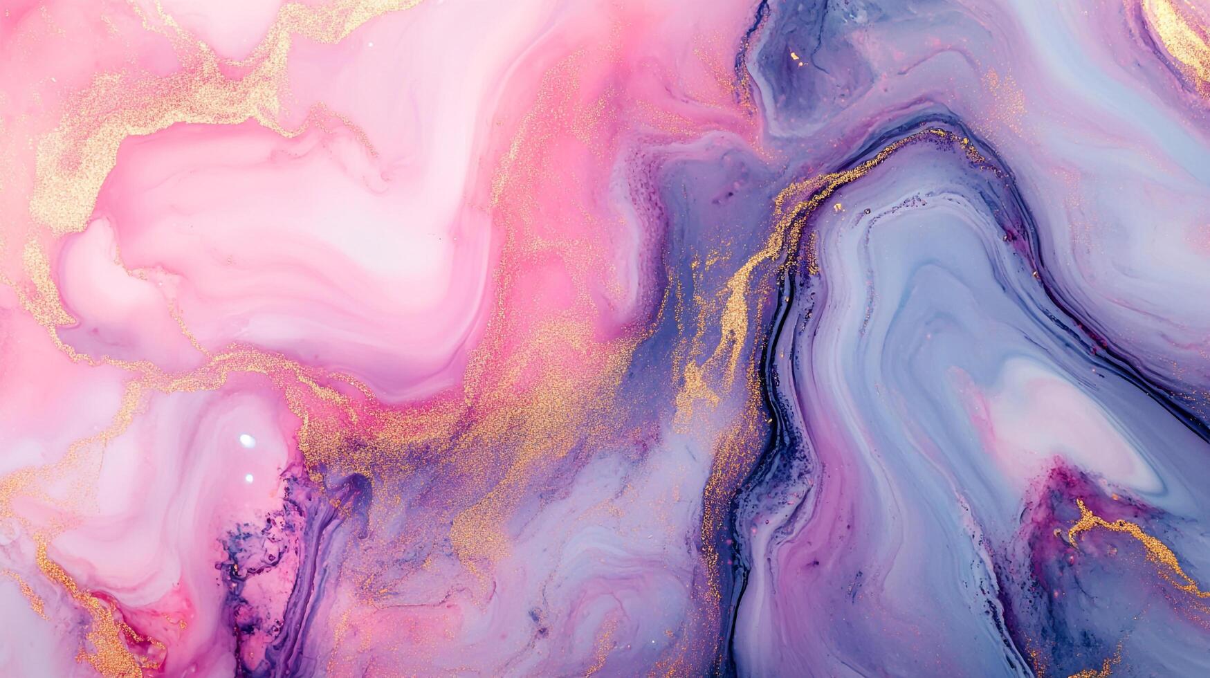 A swirling abstract painting featuring a blend of pink, purple, and blue hues, accented with shimmering gold veins. Fluid, flowing, and dreamy. photo