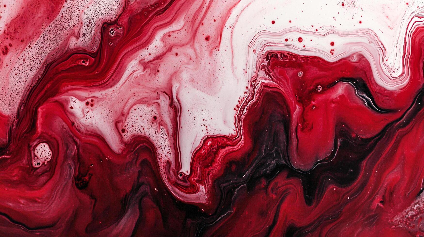 Abstract design with dynamic flow of red and white liquid, creating marble-like patterns and textured surfaces. photo