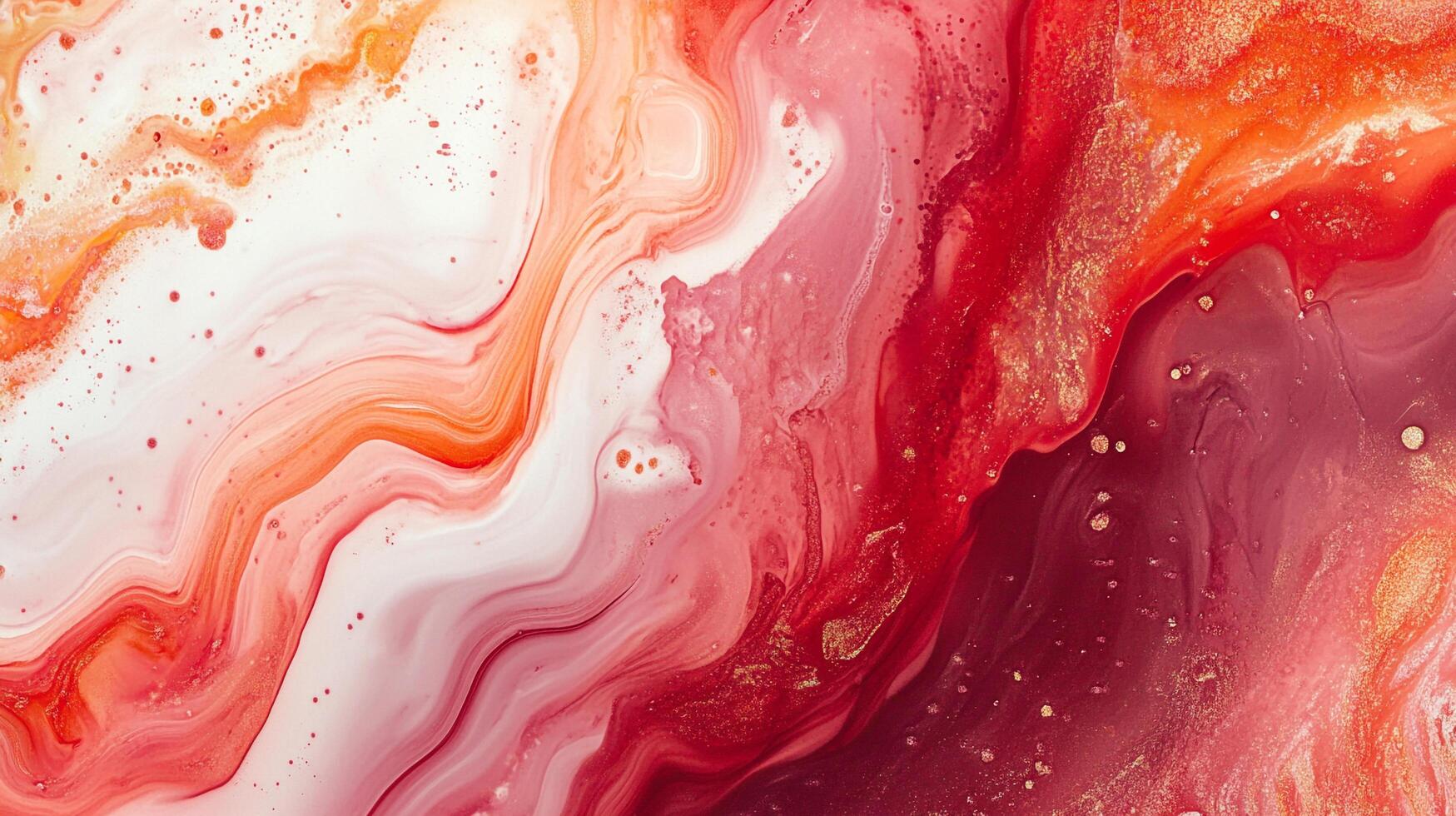 Fluid acrylics create an organic pattern of white, red and orange. Swirls and spots evoke movement, texture and colorful depth. photo