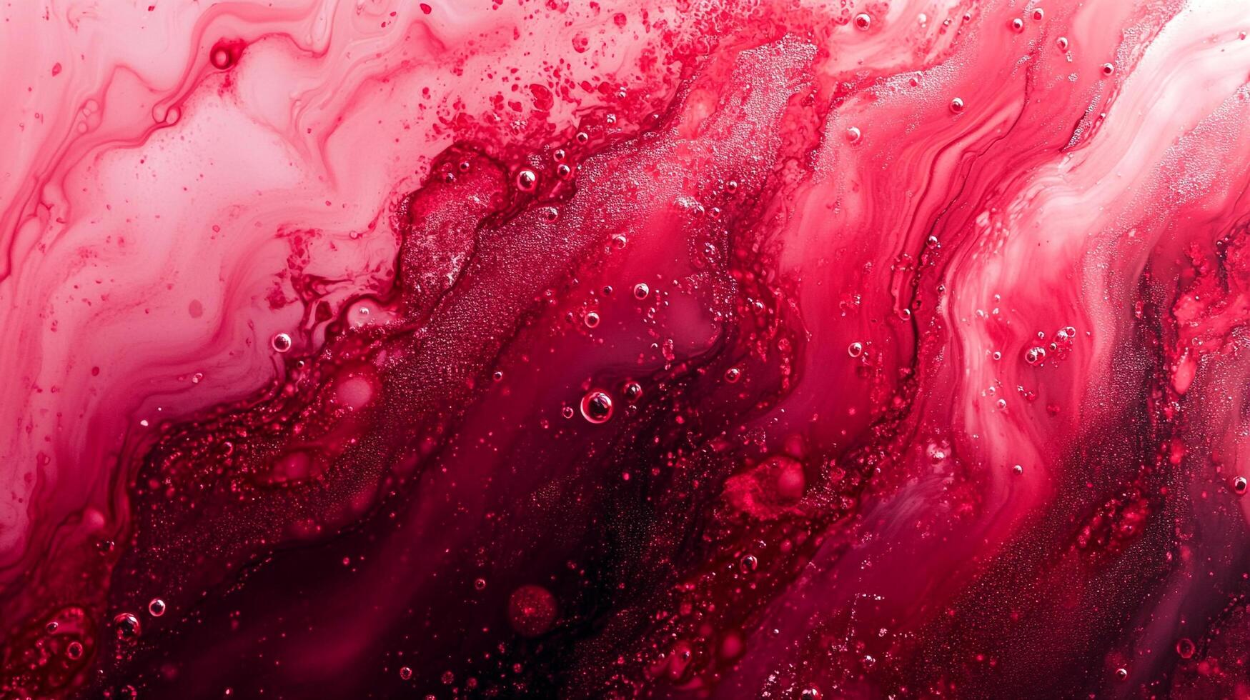 Abstract crimson and pink fluid art featuring swirling patterns and tiny bubbles creates a visually striking and textured composition. photo