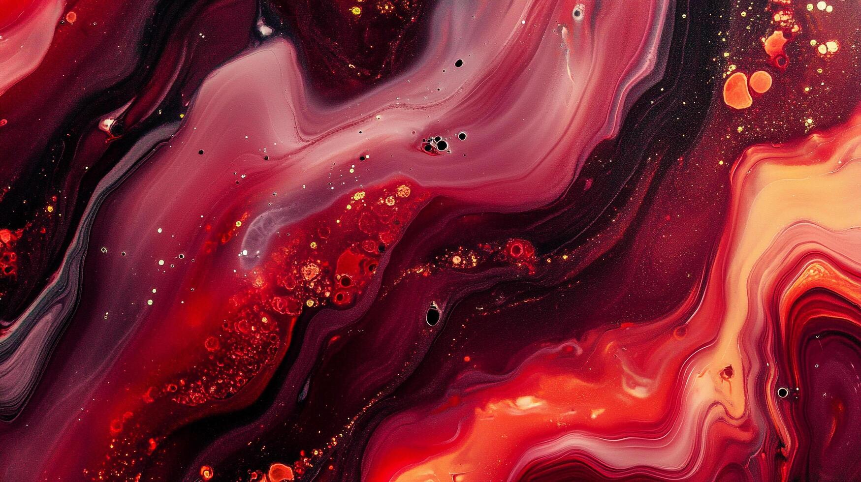 Swirling abstract art with rich reds, blacks and golds create a textured, mesmerizing effect resembling liquid magma or a nebula. photo