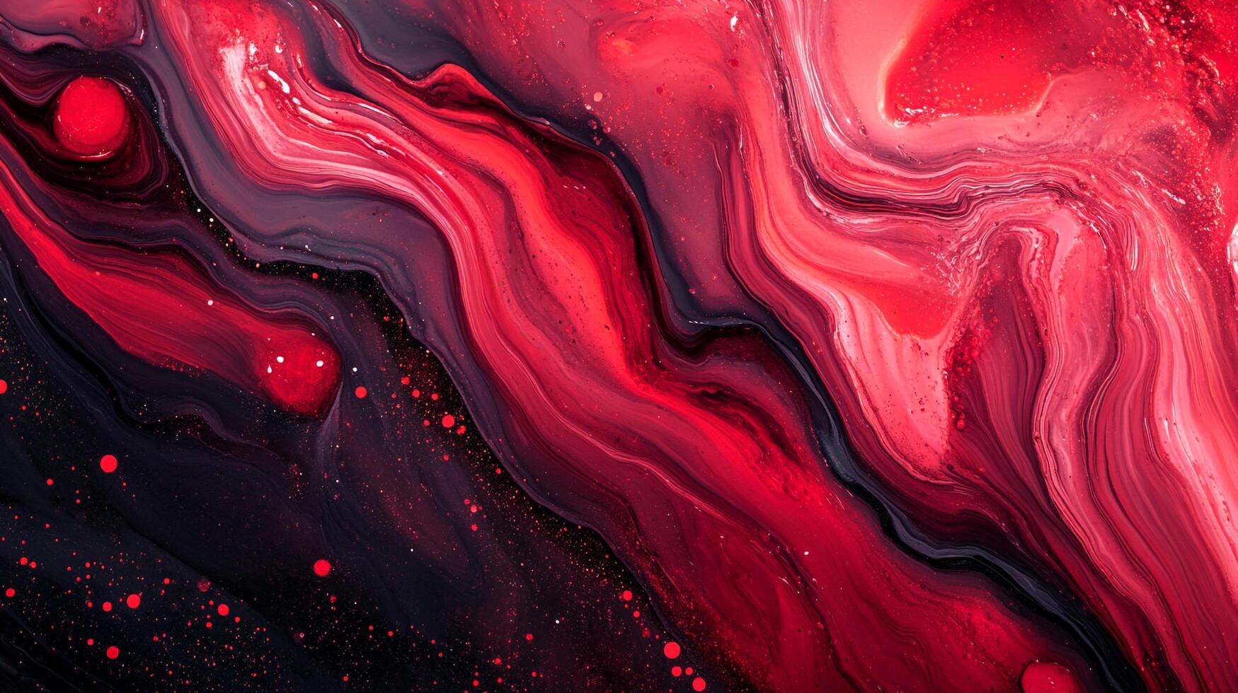 Dynamic swirls of red and black create a striking visual texture, evoking movement and depth with rich, flowing lines. Abstract art. photo