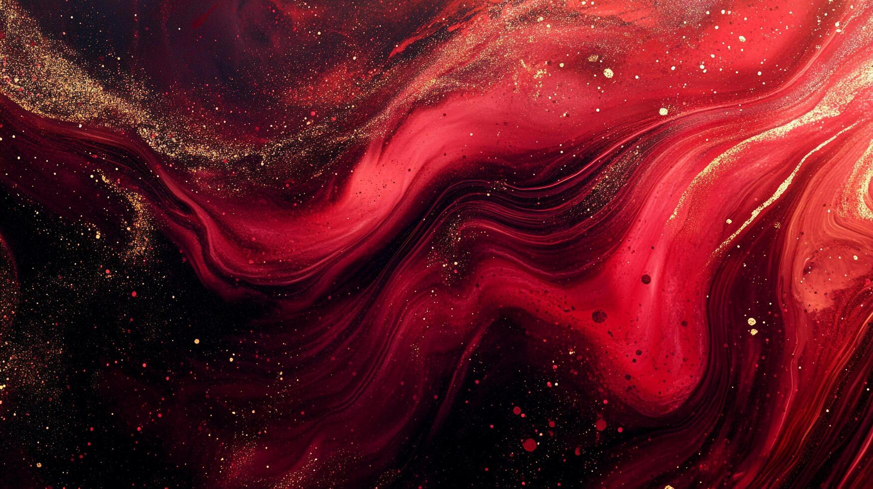 Abstract background with swirling red and dark colors accented by golden glitter, creating a dynamic and elegant fluid art piece. photo