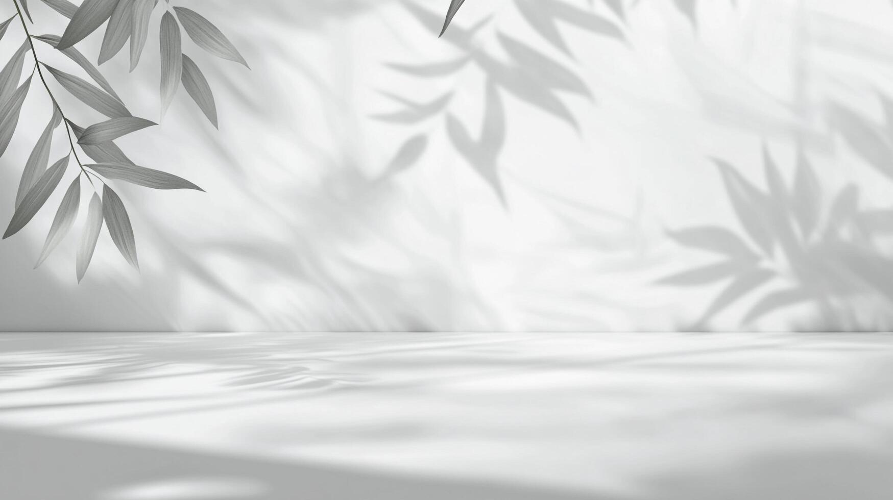 Minimalist display background with leaf shadows, ideal for showcasing products in a serene and calming atmosphere. Perfect for product photography. photo