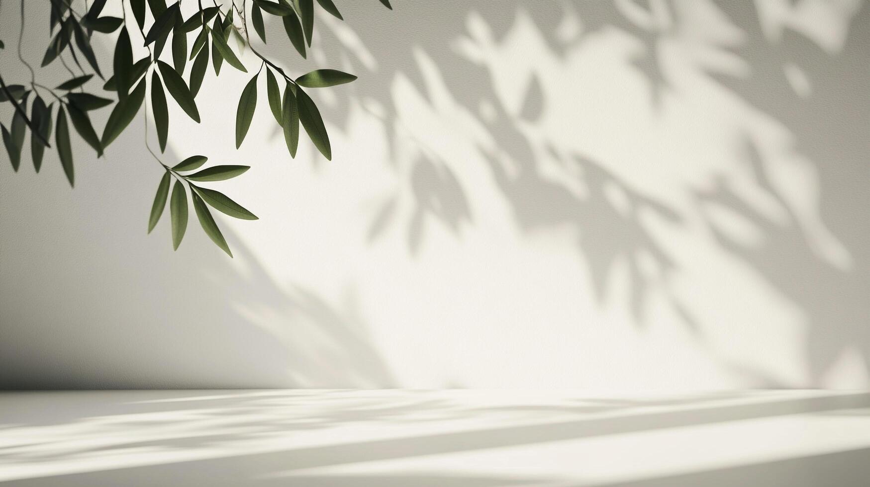 Elegant scene of sunlight casting shadows of leaves on a wall, creating a serene and minimalistic atmosphere in a bright indoor setting. photo