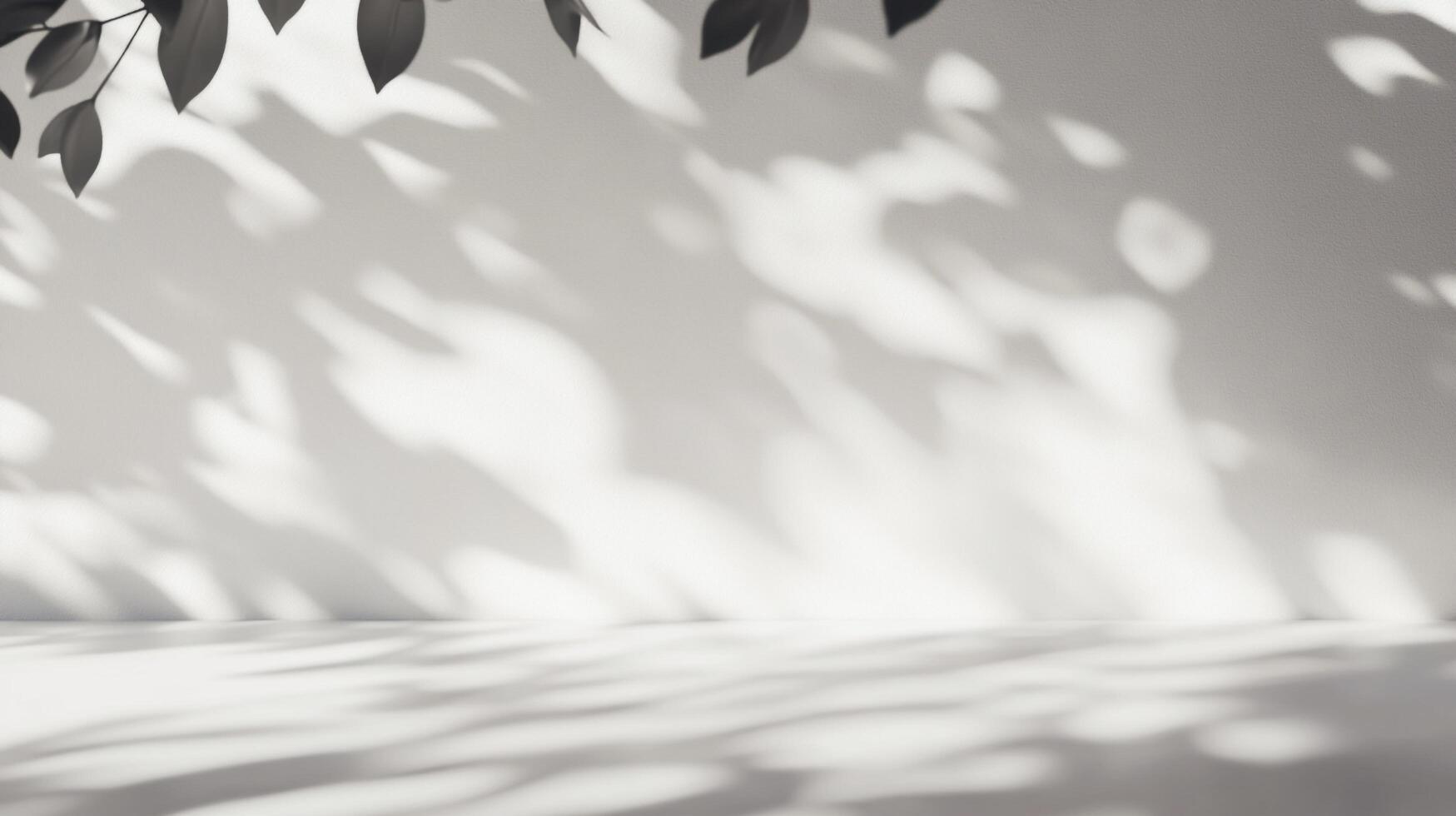 Elegant interplay of light and shadow, casting botanical patterns on a pristine white wall and floor, creating depth and visual interest. photo
